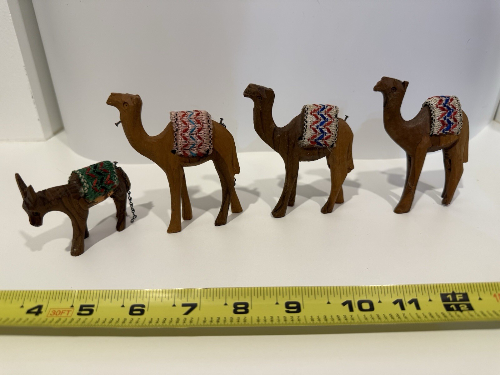 Vintage Set Of Wood Hand Carved Donkey Leading Camels That Can Link