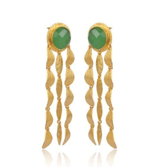 Pendientes Largos Textura Multi Hojas Chapados en Oro Prehnita Declaración Mujeres Joyería Foto 2 de 4