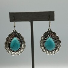 Faux Turquoise Dangle Earrings Women Silver Tone Etched Teardrop Southwestern