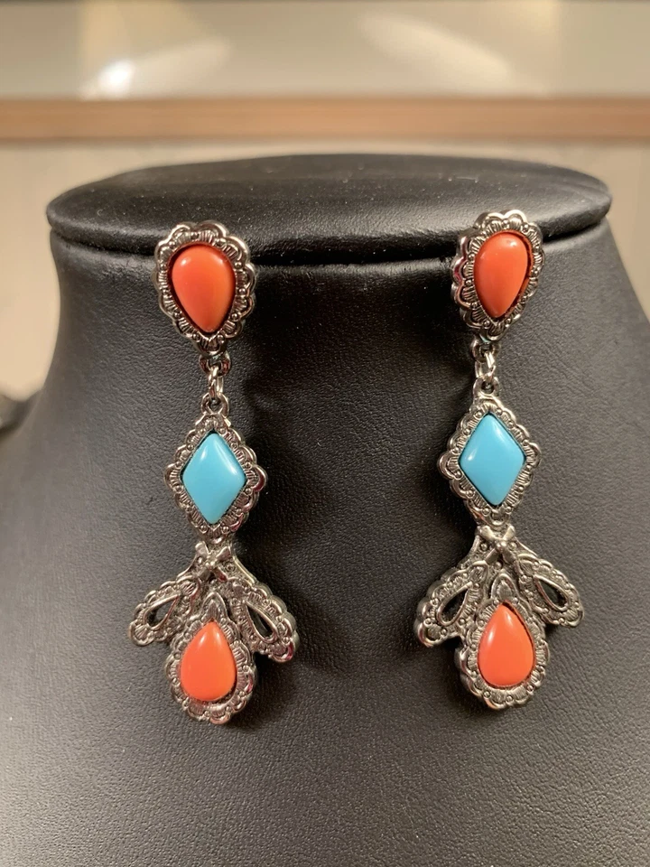 Nuevos pendientes artesanales de plata tibetana con coral y turquesa Foto 2 de 3