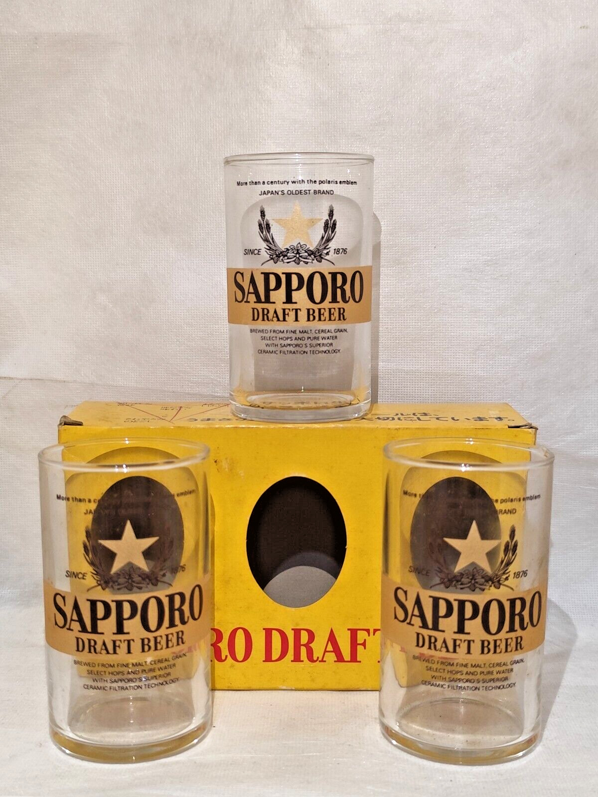 Juego de 3 vasos de cerveza de barril Sapporo vintage promocionales de colección de Japón