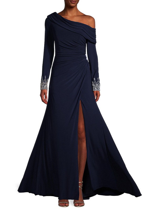Макси-платье из асимметричного джерси MAC DUGGAL 12231M Midnight, расшитое бисером, с открытыми плечами, 14 XL