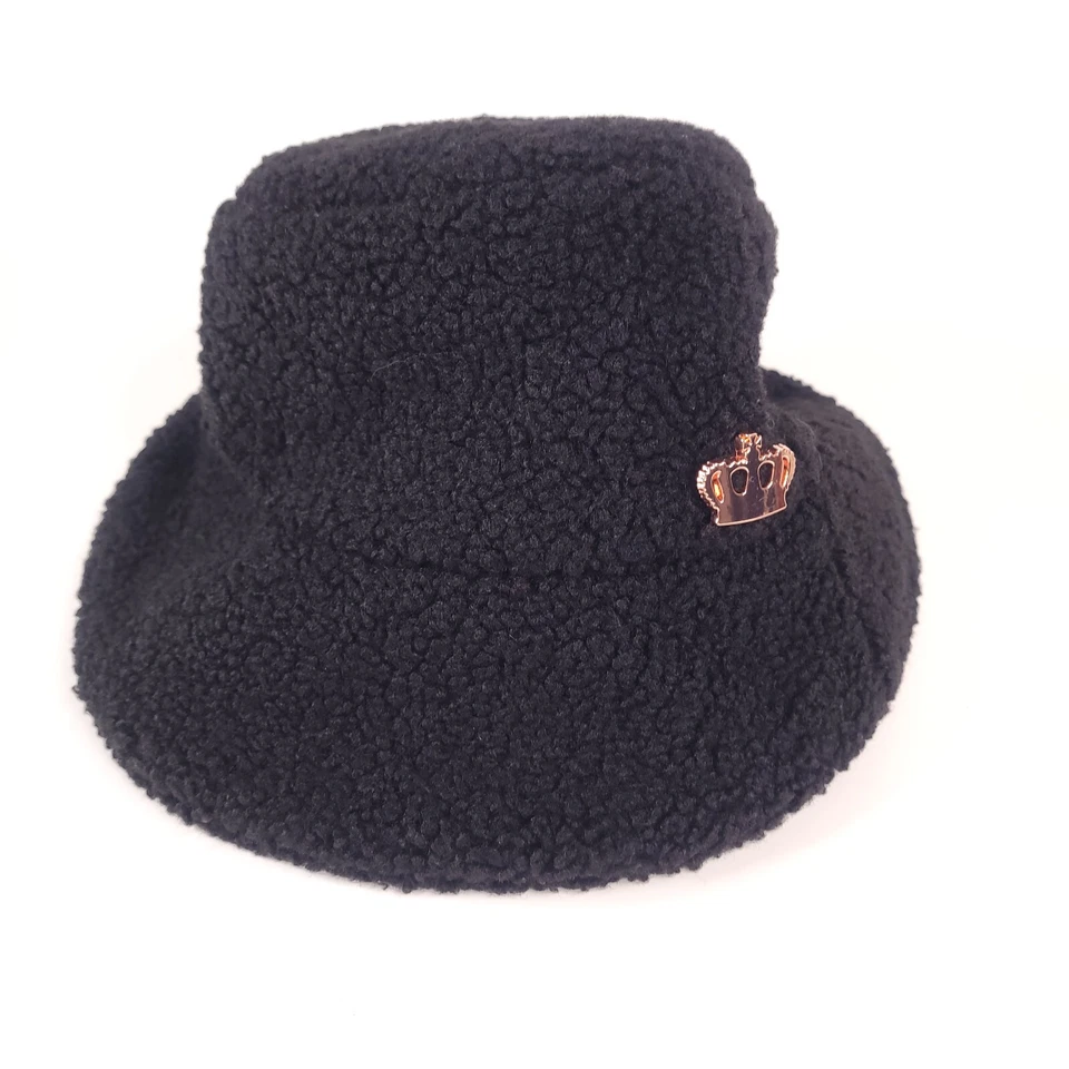 Sombrero de cubo Juicy Couture negro polar piel de caniche corona de oro rosa Y2K para mujer Foto 4 de 4