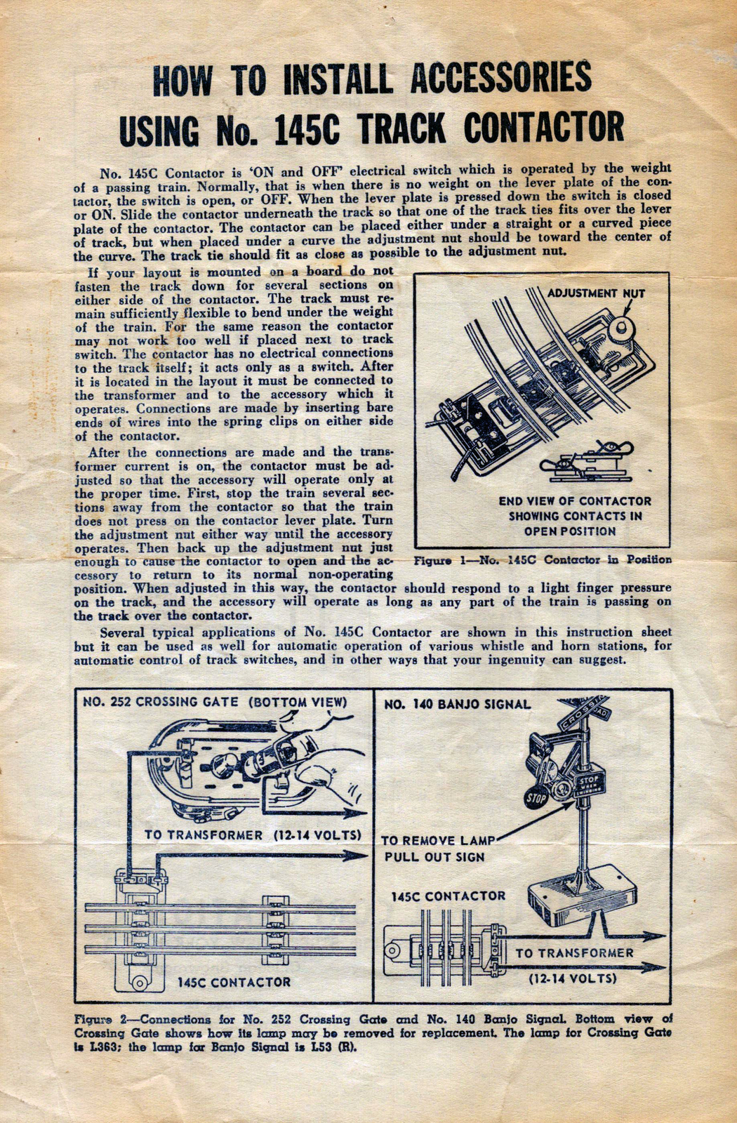 Lionel Train Operating Instructions for 145C Track Contactor Accessories 1957
