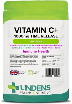 LINDENS Vitamin C + 1000 mg + Hagebutten-Bioflavonoide, 120 Tabletten Pflege des Immunsystems UK