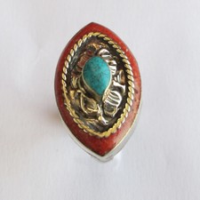 Tibetan Silver Turquoise Red Coral Original Jewelry Adjustable Round Ring R32