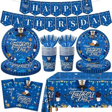 Fathers Day Decorations-142pcs Happy Father Day Tableware Set Include Disposable