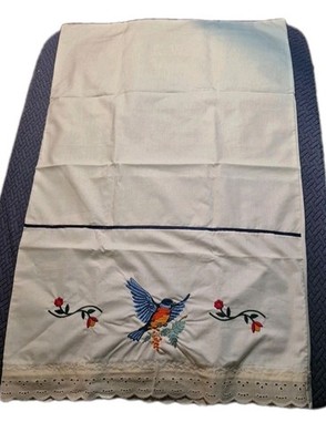 Extra long hand embroidered pillow case bird flowers Eyelet Edge Offwhite 30×19