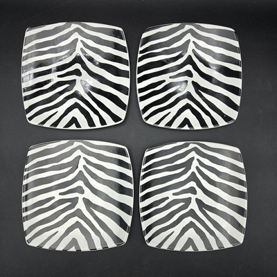 222 Fifth PTS Set Of 4 Zebra Black 6'' Square Appetizer Dessert Snack Plates 