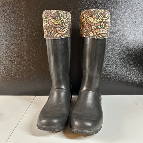 Bogs Alex Tall Boots Womens 11 Black Paisley Rubber Lined Rain Waterproof - Picture 2 of 12