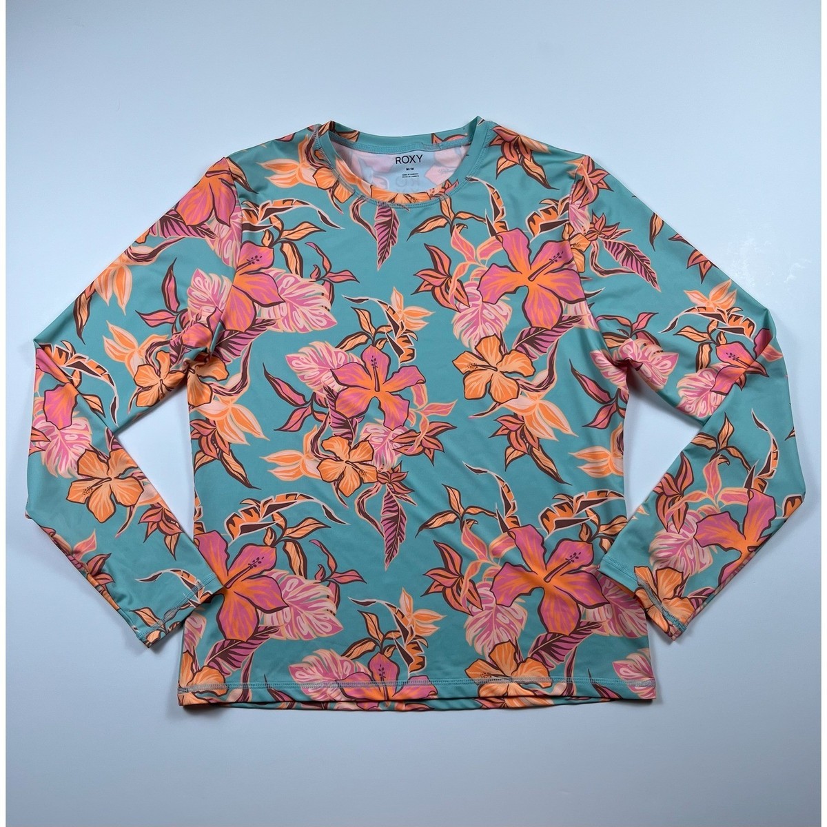 Roxy Womens Long Sleeve Rash Guard Teal Orange Pink Hibiscus