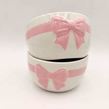 Juego de 2 cuencos de cerámica con lazo rosa cinta blanca relieve coqueta estética