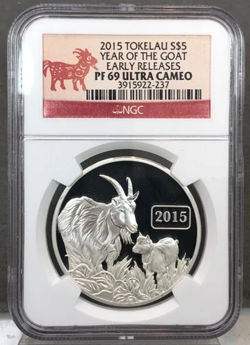 2015 Tokelau $5 Year Of The Goat 1oz Silver Proof NGC PF69 Ultra Cameo Early Rel