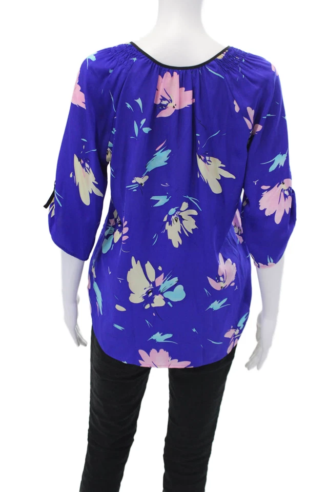Yumi Kim Womens Silk Long Sleeve V Neck Floral Blouse Blue Size XS - Image 3 of 4