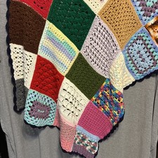 Vintage Throw Multi-colored Black Granny Square Lap Blanket approx. 36 x48