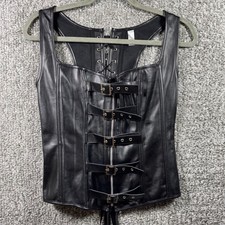 Corset Top Black Faux Leather Bustier Buckle Lace Up Biker Vest Gothic Womens L