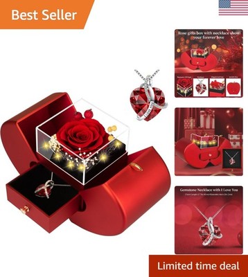 Preserved Real Red Rose with l Love You Necklace Forever Flowers Rose Valenti...