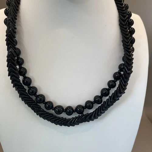 Vintage Miriam Haskell Signed Black Glass Beaded Layered Brass Hook Necklace