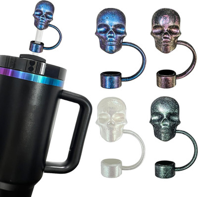 4Pcs Laser Skull Straw Topper, Halloween  Cap for Stanley Cup, 3D Sku