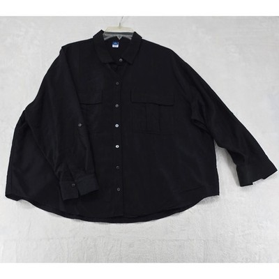 Old Navy Button Down Womens XL Petite Shirt Black Utility Roll Tab Sleeve Pocket