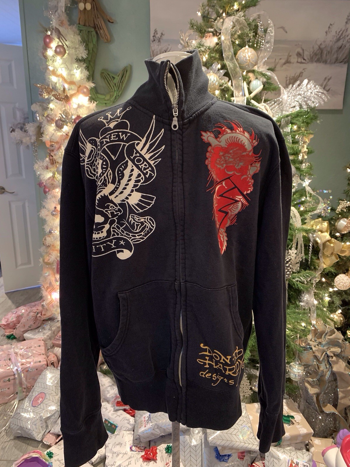 Vintage Don Ed Hardy by Christian Audigier Full Graphic Zip Up Sweat Shirt Sz L