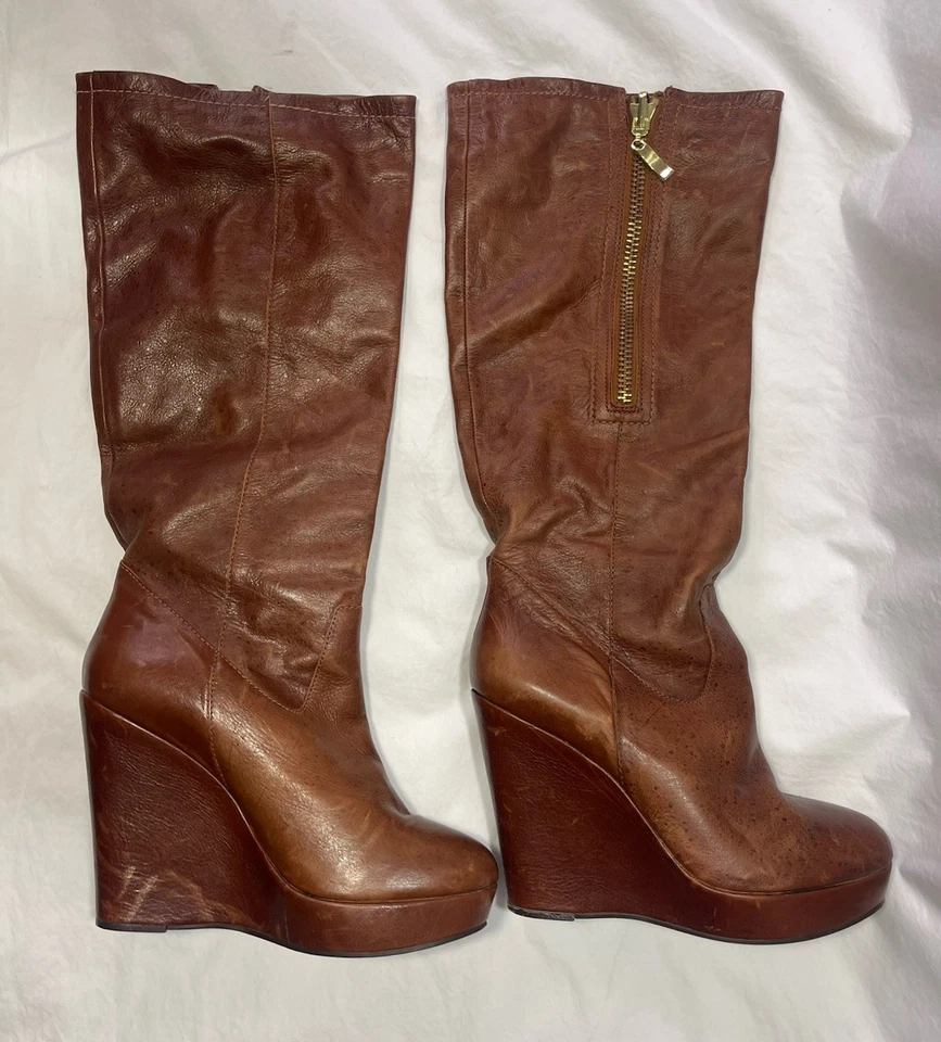 Steven by Steve Madden 女式 10 棕色皮革拉链及膝高筒靴楔形鞋跟 — 第 4/4 张图片