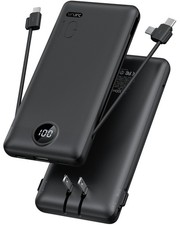 Portable Charger,Power Bank Built-in Cables and AC Wall Plug,VRURC USB Black
