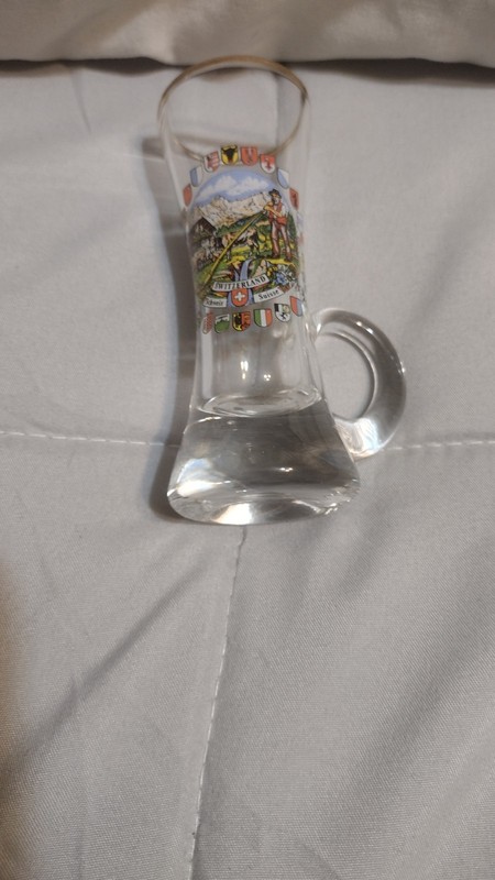 Vintage Swiss Shot Shooter Glass 4” Tall Gold Trim With Handle Switzerland