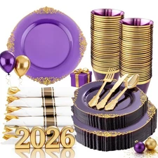 175PCS Purple Plastic Plates - Disposable Purple Gold Party Plates & Pre Roll...