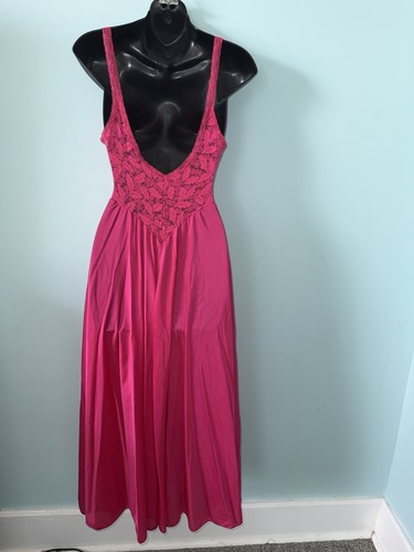 Vintage Long Bold Pink Satin Feel Sleep Nightgown Stretchy Lacy Bodice Lingerie - Picture 2 of 2