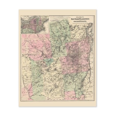 New York Wilderness & Adirondacks Antique Map Vintage Upstate Travel Wall Art