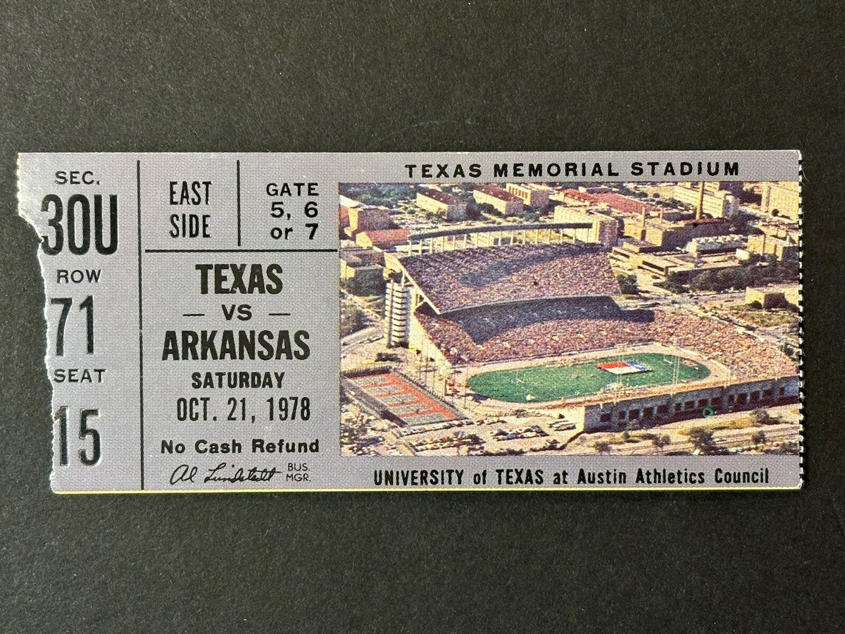FOOTBALL TICKET: Oct 21, 1978 TEXAS LONGHORNS vs ARKANSAS