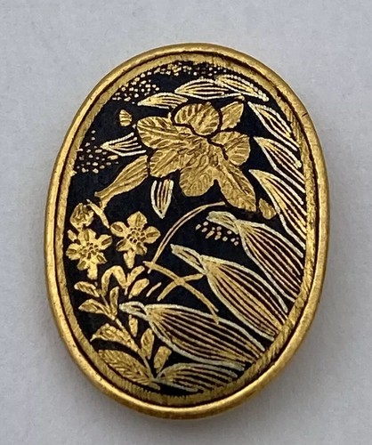 Meiji Japanese Shakudo Damascene Button, Oval Floral, Signed 張金, c.1880–1920