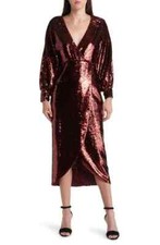 TED BAKER Emaleee Wine Burgundy Sequin Embellished Wrap Midi Dress 0TB = 2 US XS