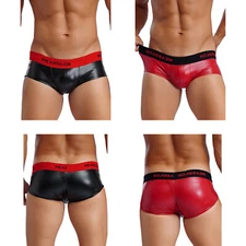 Men Panties Fitness Shorts Low Rise Briefs Swim Trunks Elastic Waist Leather