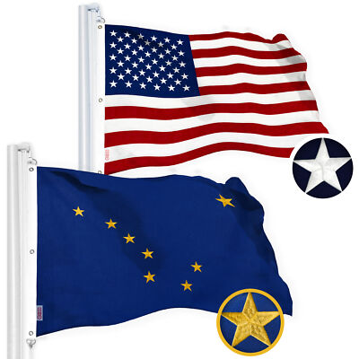 G128 Combo Pack: American USA & Alaska Flag 5x8 Ft, Both Embroidered SPUN Poly
