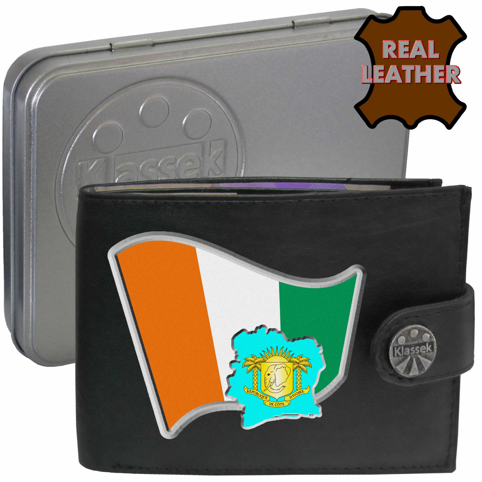 Ivory Coast Wallet  Côte d'Ivoire Flag Map Soft Real Leather Men's Gift Tin RFID