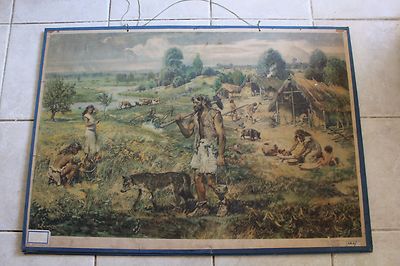 Original vintage zoological  school chart People in the Neolithic ,Zdenek Burian