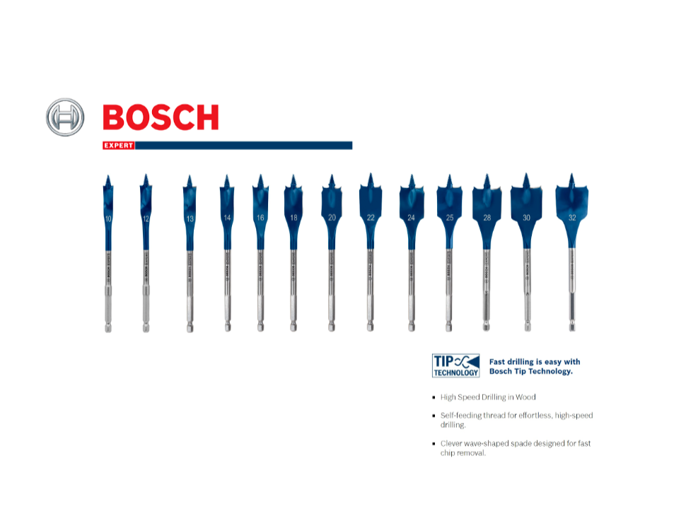 Bosch Flat Bit SelfCut Speed Wood Drill Bit Set 13 Piece With Pouch