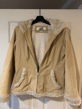 Seventy Seven 77 Beige White Faux Fur Suede Zip Hoodie  Jacket Coat Sz Large