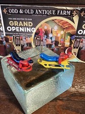 Vintage 2 Barclay Sled Cast Lead Figures Man Winter Village Sledding Red Yellow