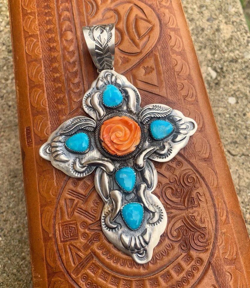 Sterling Turquoise Cross Pendant Native Made Spiny Oyster Navajo Jewelry 925 - image 2 of 4