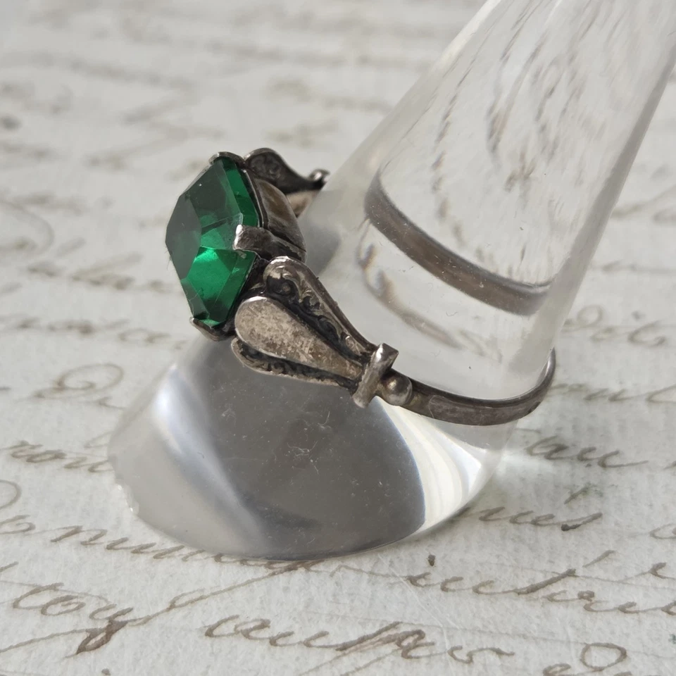 Bague Ancienne en Argent T59 Pierre Verte 1900 circa Silver Ring - Photo 2/4