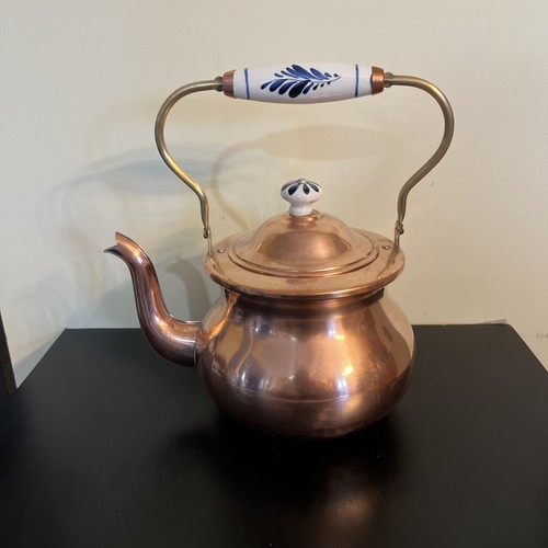 Vtg Copper Tea Kettle w Porcelain Blue White Handle Delft Style Farmhouse ~READ~