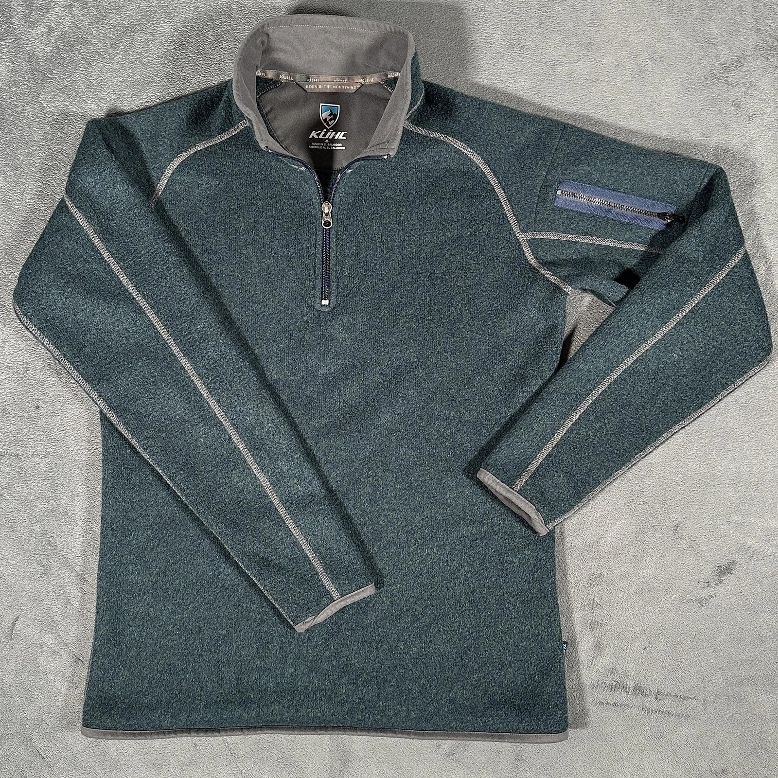 Kuhl Alfpaca Fleece Pullover Mens Medium Green 1/4 Zip Thumbholes Hiking Outdoor