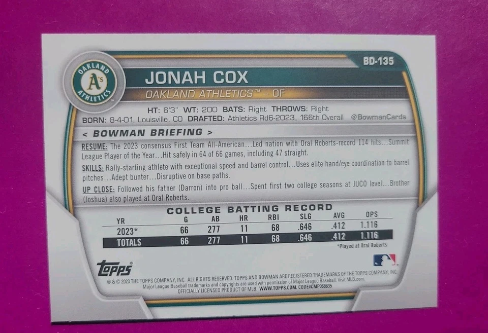 2023 Bowman Draft 1st Jonah Cox RC - Image 2 of 2