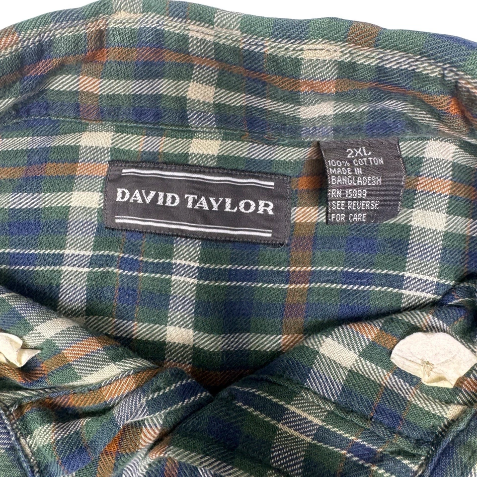 Camisa de franela David Taylor 2XL verde azul manga larga a cuadros 100 % algodón para hombre Foto 4 de 4