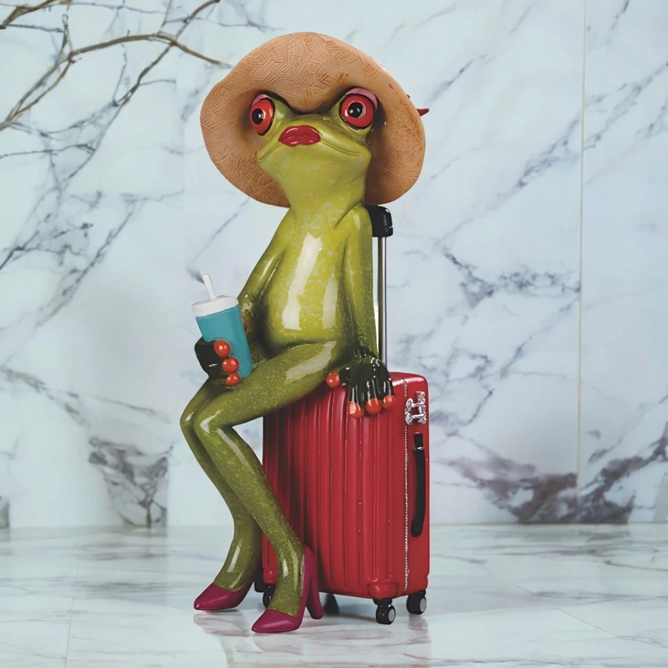 7"H Frog Lady Sitting on Suitcase Figurine Ornament Home Decor Unique Gift