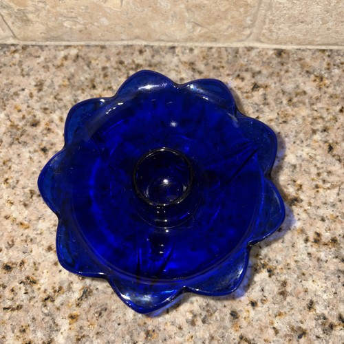 Vintage Fenton Cobalt Blue Glass "Lotus Flower" 3 Footed Candle Holder #145 - Picture 4 of 8
