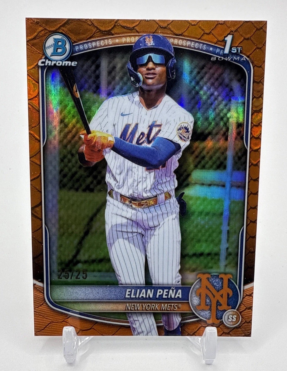 2025 Bowman Chrome Elian Pena Reptilian Orange Refractor 25/25 1st Prospect Mets